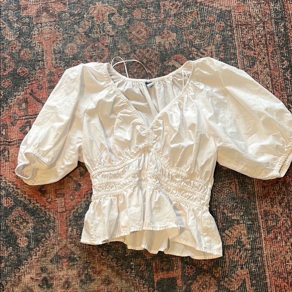 White Puff Sleeve Smocked Waist Peplum Top